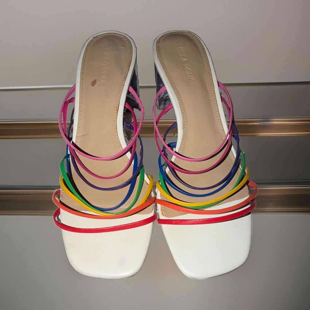 Villa Rouge women’s white multicolor strappy slip-on block heel leather 7.5